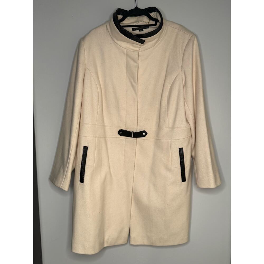 Via Spiga Ivory Mid Length Coat Faux Leather Trim Sz 18 Minimalist Quiet Luxury